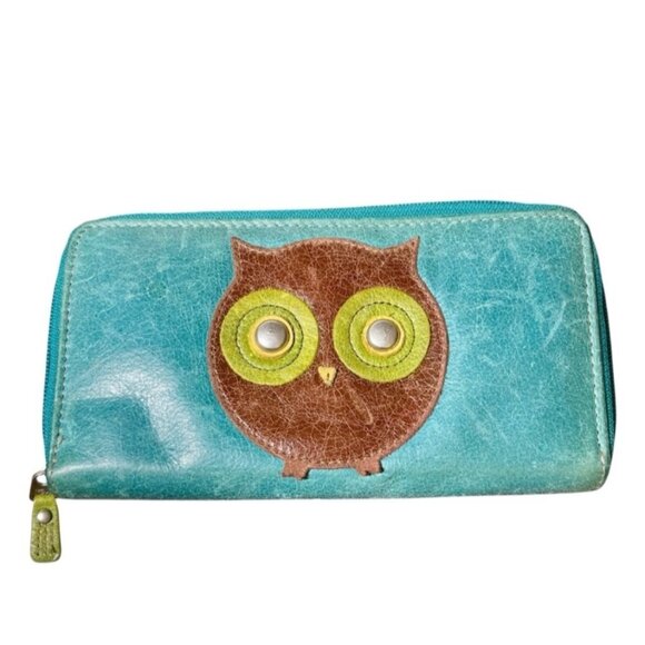 Fossil Leather Owl Wallet Turquoise Unique Artsy Zip Up Artsy Large Pocketbook - Picture 1 of 16